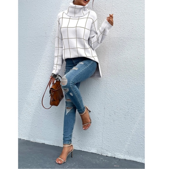 Rouge! White and Tan Grid Turtleneck Sweater - Picture 5 of 7